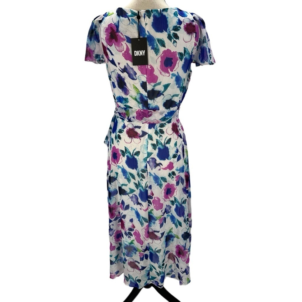 DKNY Short Sleeve Floral Print Faux Wrap Midi Dress - Purple Blue White - size 8 - Picture 3 of 11